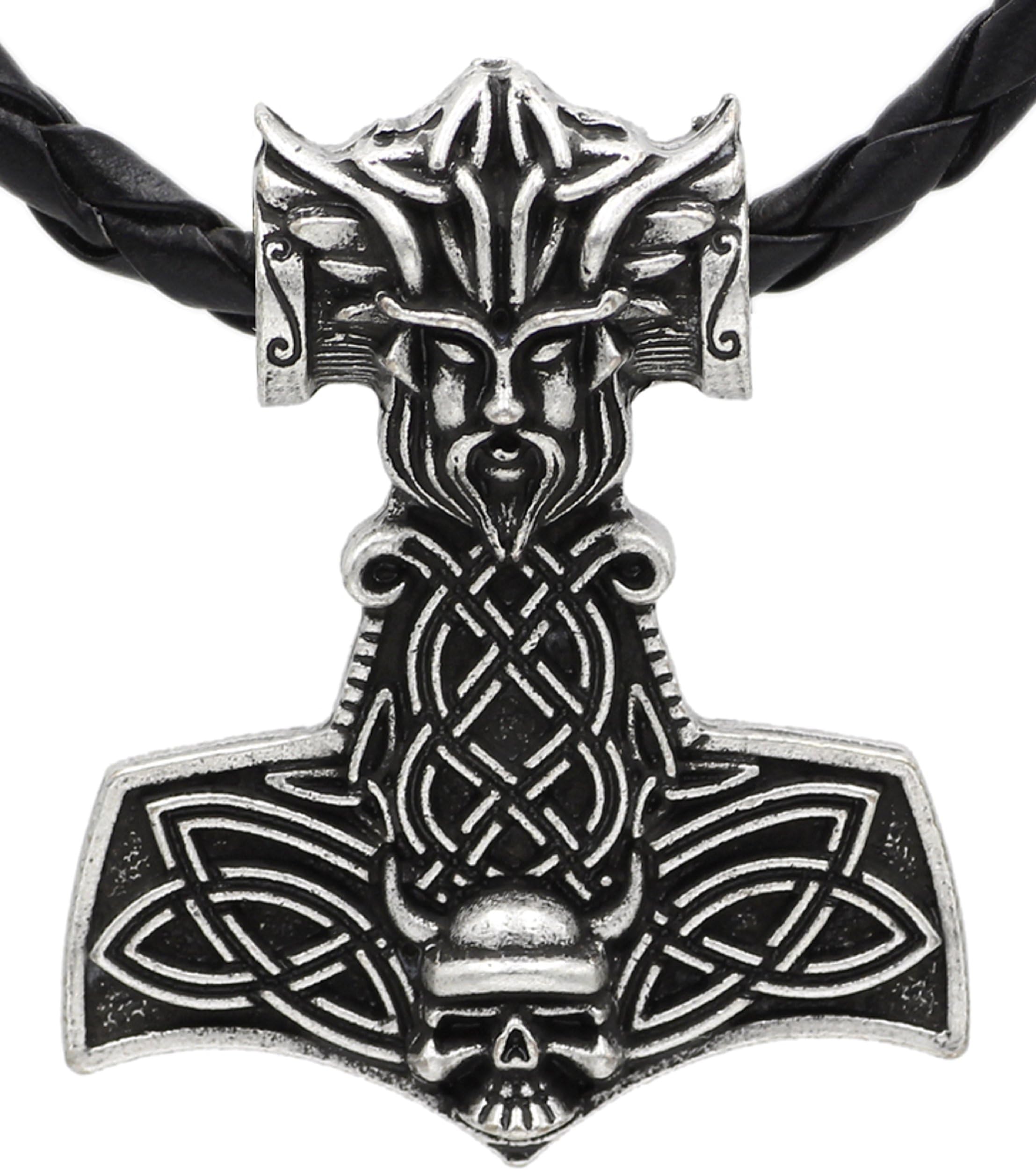 Viking Thor`s Hammer Unique Face Skull Head Pendant Antique Silver Leather Rune