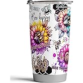 Fancyfams 20oz Bee Yourself Insulated Tumbler with Gift Box - Stainless Steel Double Wall Vacuum Coffee Cup with Lid - Sunflower & Honey Bee Gifts for Women, Mom, Friend, Mug