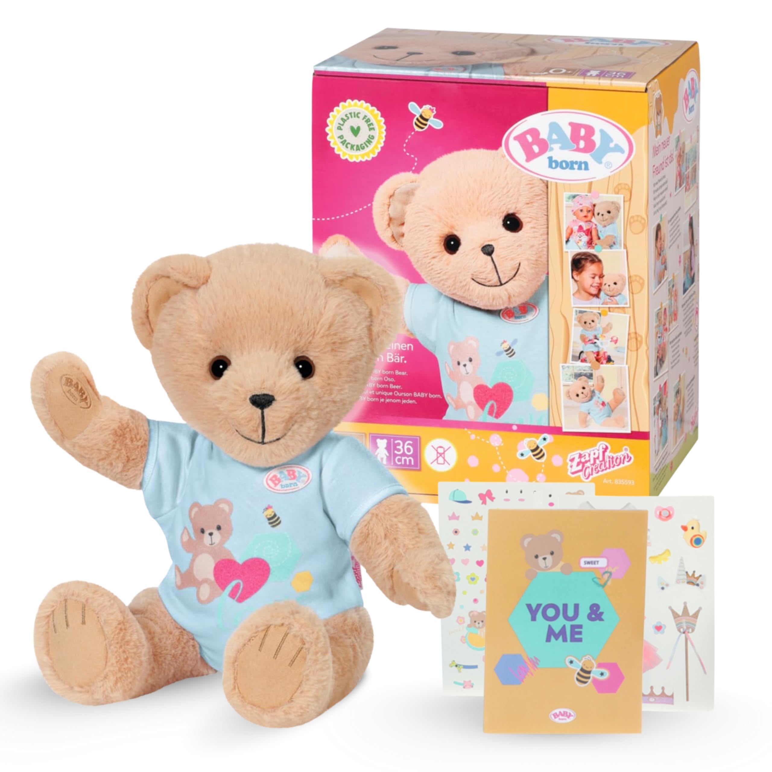 BABY born bear - Soft teddy bear with movable arms & legs - Cuddly toy with blue romper & incl. accessories - Suitable for children aged 0+