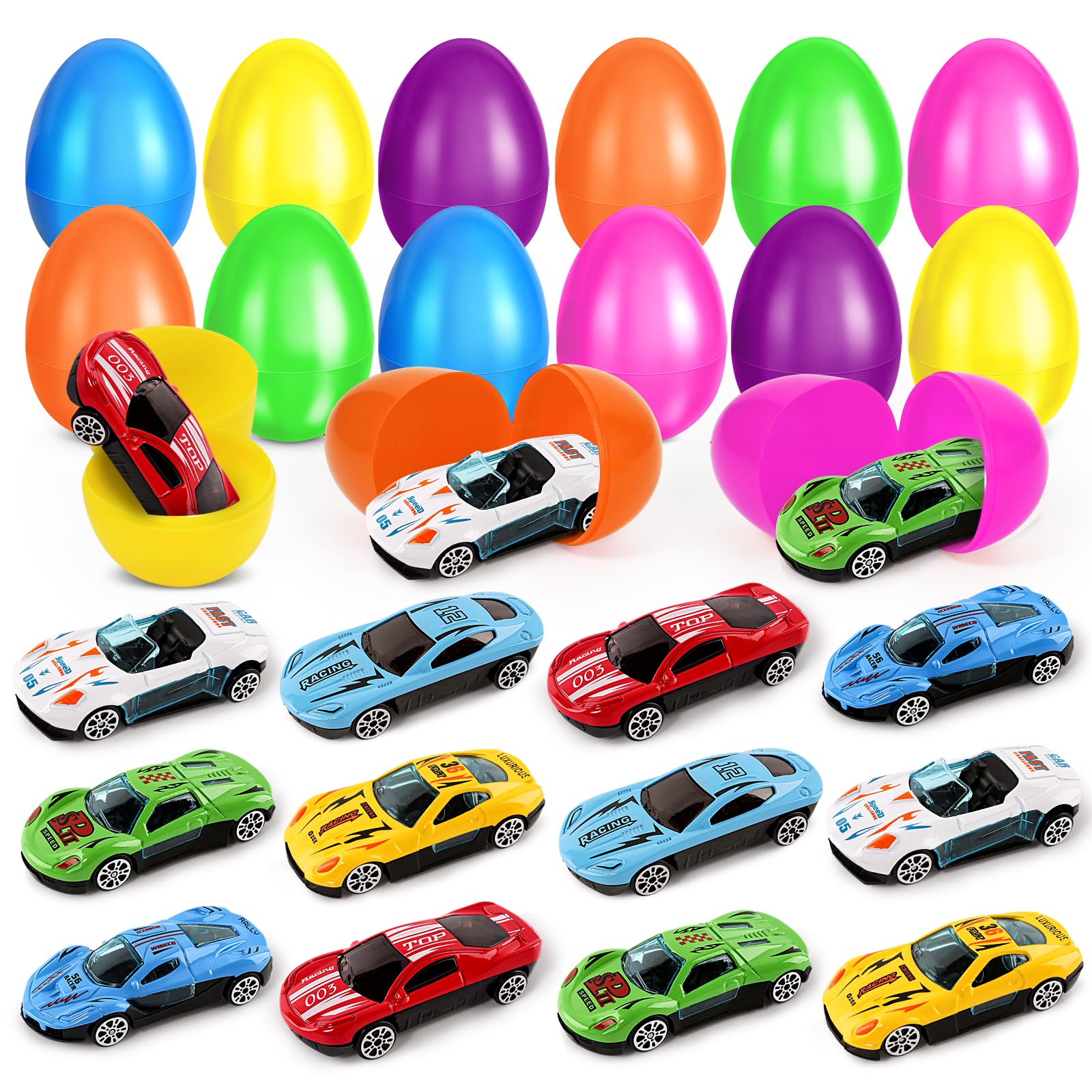 12 Pack Prefilled Easter Eggs with Die-Cast Racing Cars, Easter Basket Stuffers, Filled Easter Eggs with Toys for Kids, Egg Hunt, Party Favor Supplies,Easter Toys Gifts for Toddlers & Boys Girls