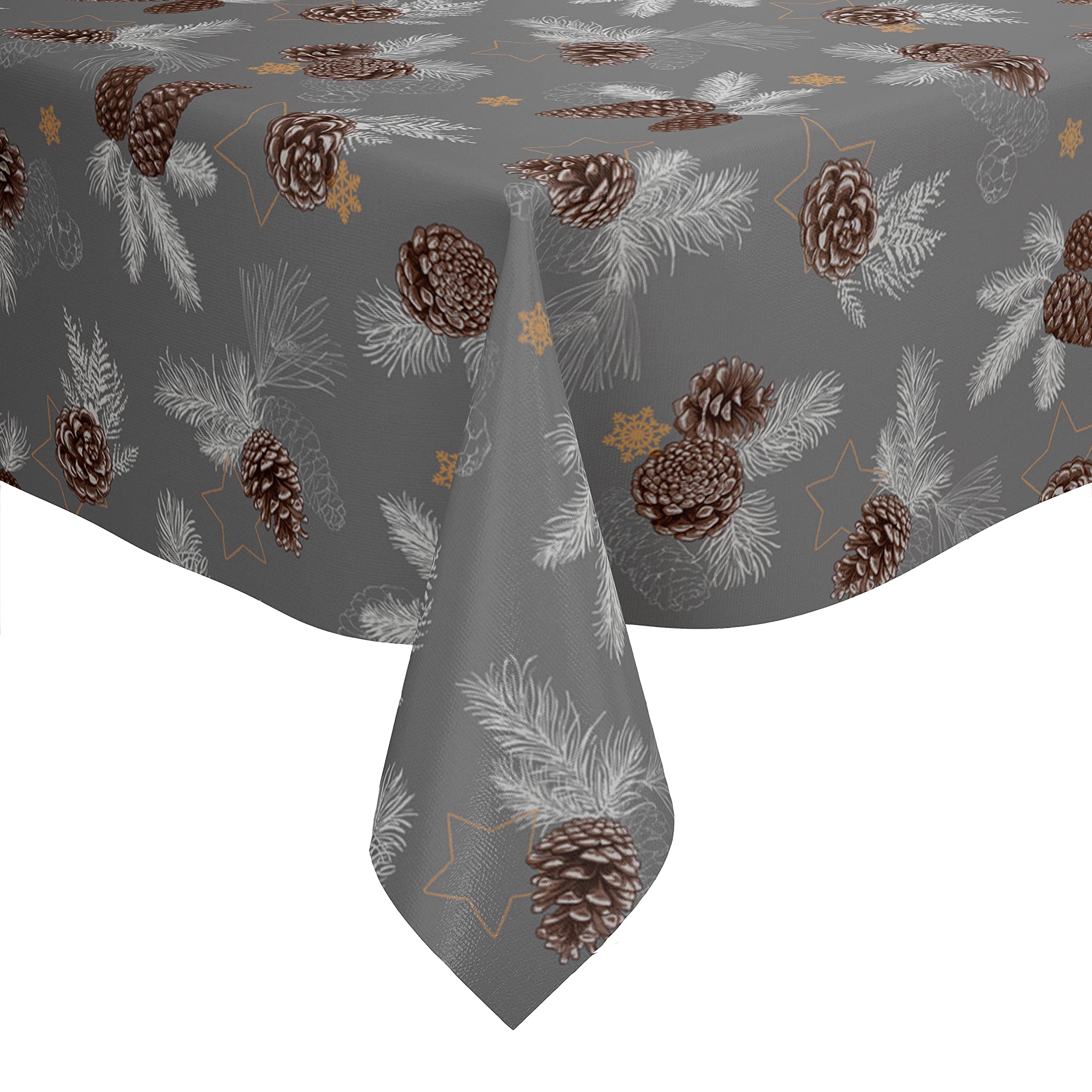 Karina Home Christmas Pine Cones Brown and Grey PVC Vinyl Wipe Clean Oilcloth Tablecloth (Brown & Grey, 200cm x 140cm)