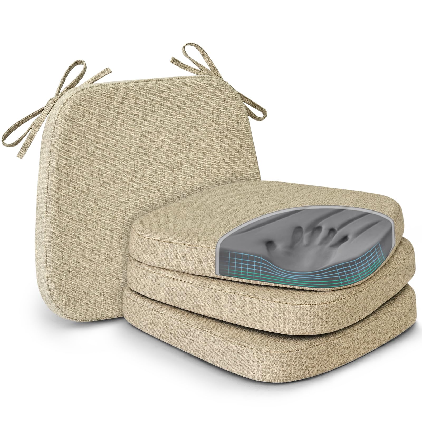 Photo 1 of Shinnwa Dining Chair Cushions Set of 4, Patented Design Memory Foam Seat Cushions for Dining Chairs with Ties and Washable Cover, 4 Pack, 17" x 16" x 2", Natural Linen