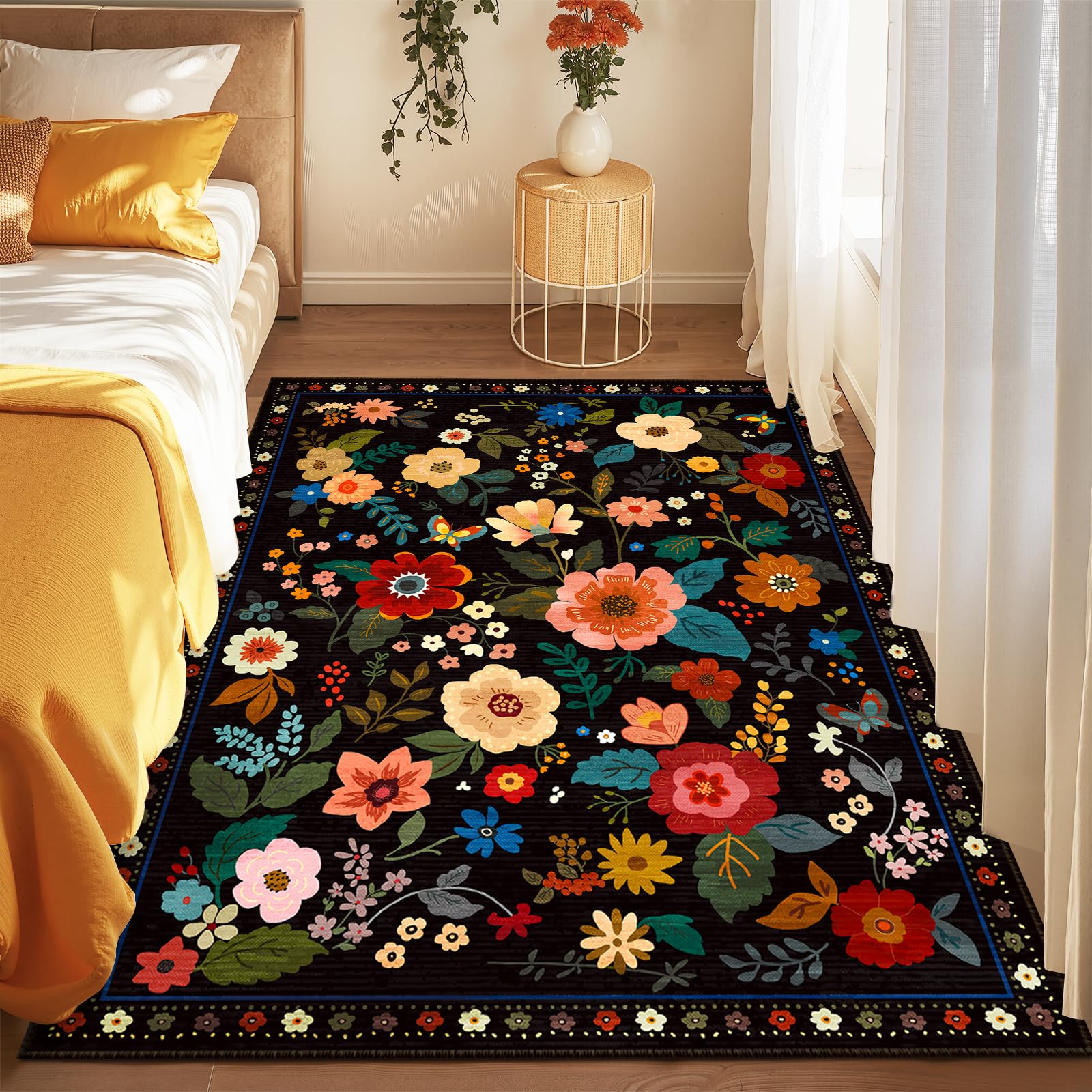 Photo 1 of RELEANY Floral Nursery 3x5 Area Rugs Washable Print Boho Cute Carpet Non Slip Flower Low Pile for Living Room Kids Girls Playroom Bedroom Kitchen Office Farmhouse-Black