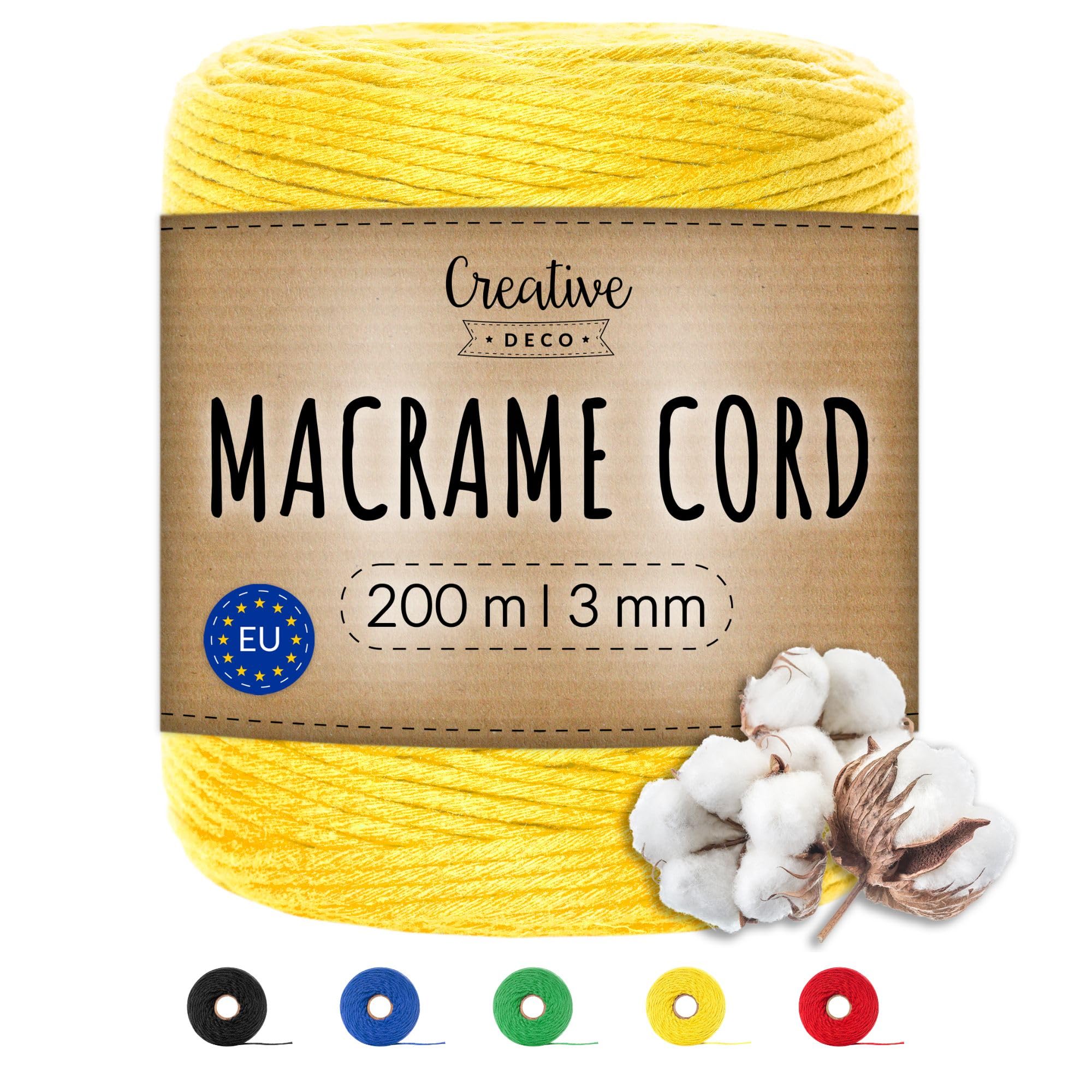 Creative Deco 656 Feet Yellow Macrame Cord | 200m | 3mm Thick | Cotton Rope 15 Ply String Yarn Twine Elastic Cord | for Easter, Art and Craft, DIY, Knitting, Gift Wrapping, Wall, Plant Hanger | Strong