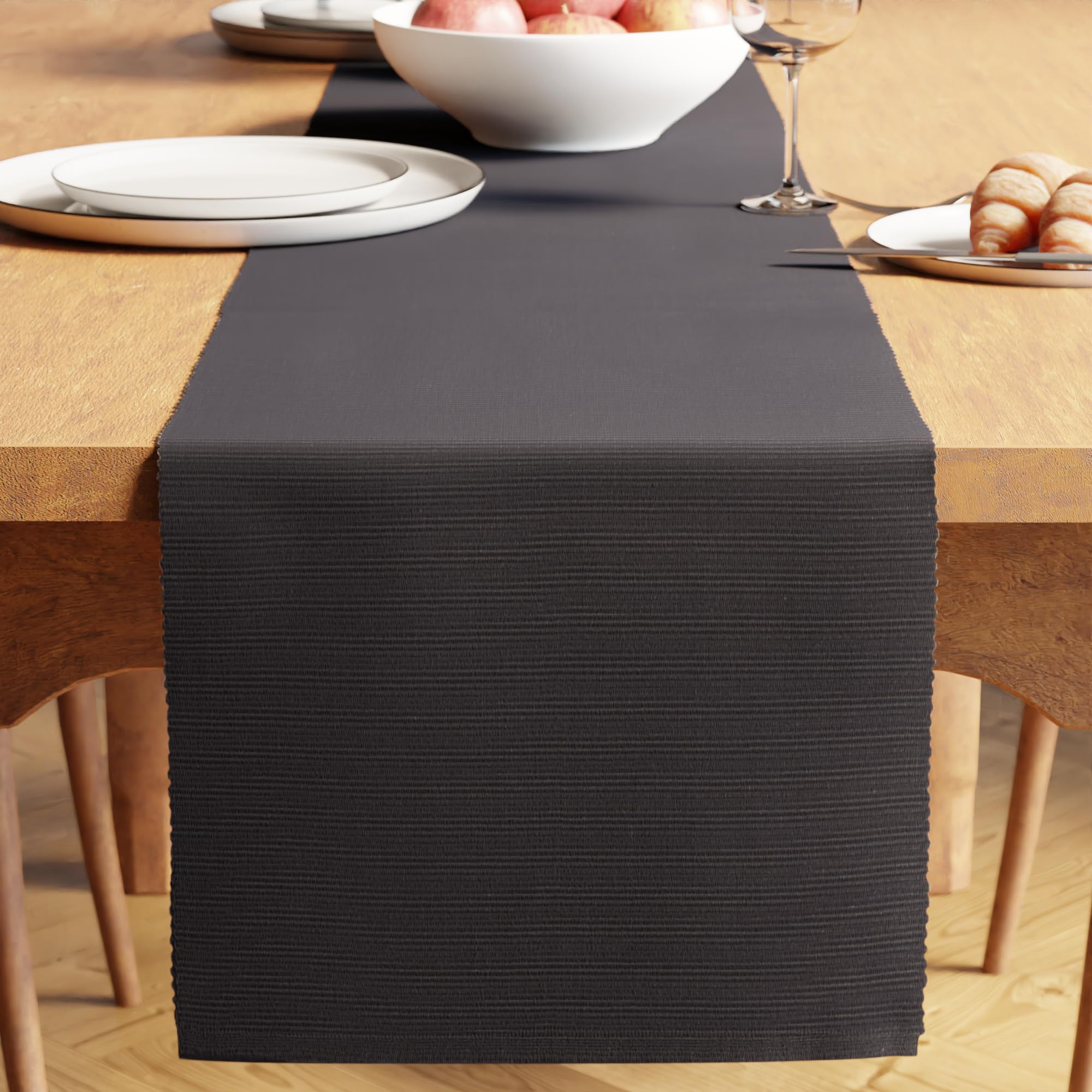 Encasa XO Dining Table Runner 32x200 cm | Yarn Dyed Fine Ribbed Cotton | Solid Grey | Machine Washable — image 1