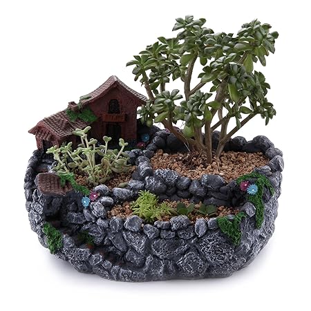T4U 23CM Micro Landschaft Stil Harz Kunststoff Sukkulenten Töpfe Kaktus Pflanze Töpfe Mini Blumentöpfe Haus&Stein Grau