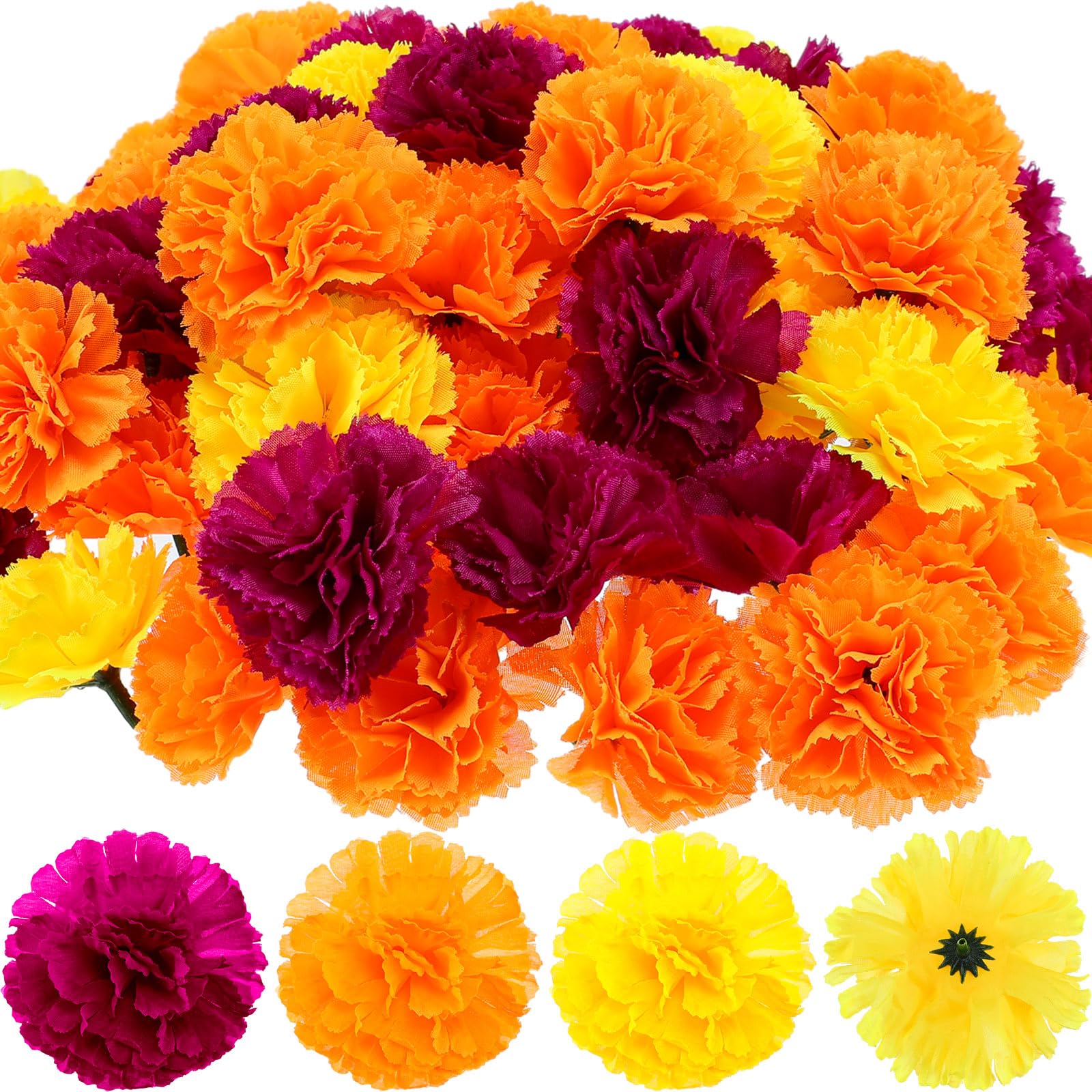 Photo 1 of WILLBOND 140 Pcs Marigold Flower Head Mexican Artificial Marigold Flowers Halloween Flower Day of The Dead Decoration for Diwali Indian Decor DIY Wreath Garland Craft(2 Inch,Fuchsia, Orange, Yellow)