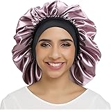 Large Silky Printing Bonnet Satin Sleep Cap Wide Elastic Band for Women Curly Natural Long Hair (Pure opera pink)