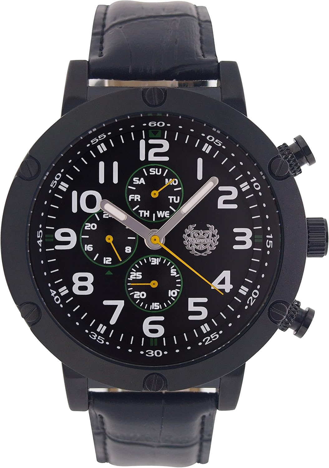 ShoppeWatch Mens Leather Watch All Black Black Large Face Easy Read Multifunction Day Date Reloj Negro para Hombre AQ202802