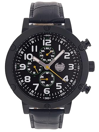 Kronwerk Mens Watch Black Large Face Easy Read Leather Band Multifunction Day Date Reloj AQ202802-1G