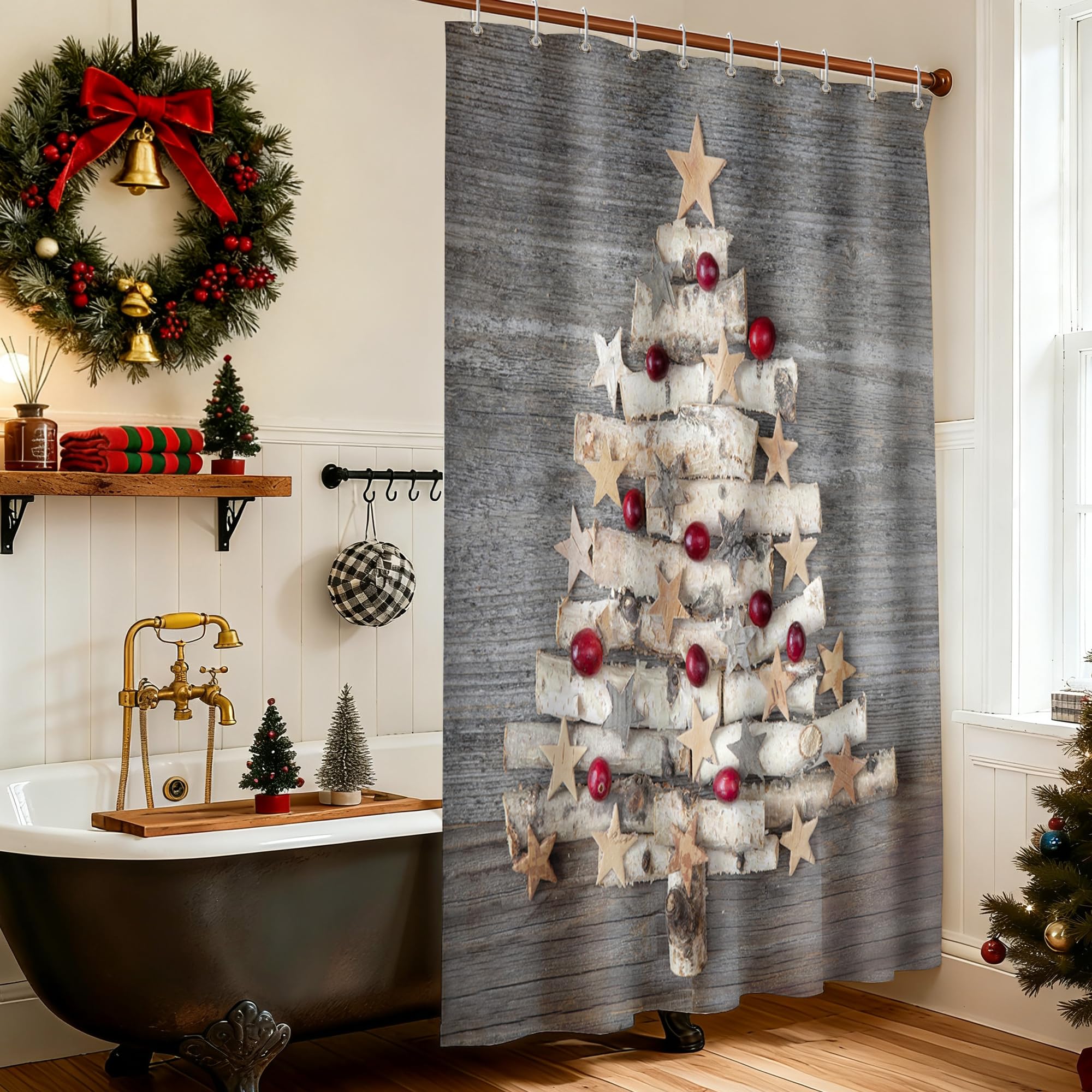 BROSHAN Unique Christmas Shower Curtain, Rustic Fabric Christmas Shower Curtains for Bathroom, Winter Holiday Bathroom Decor Xmas Tree Shower Curtain Set with Hooks, Gray,72 x 72