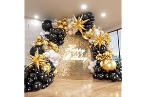 ADOINBY Black and Gold Balloon Garland Arch Kit, 185Pcs Explosion Star Black White Metallic Gold Confetti Latex Balloons for Birthday Anniversary Wedding Engagements Baby Shower Party Decorations
