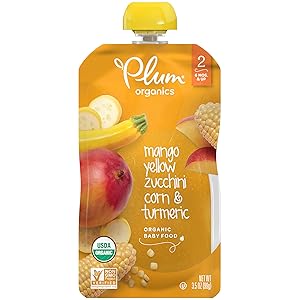 Plum Organics Stage 2 Organic Baby Food, Mango, Yellow Zucchini, Corn & Turmeric, 3.5 Ounce Pouch (Pack of 6)