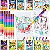 BenLouis 24 Christian Mini Coloring Books Kids with 24 Stacking Crayons Bible Verse Party Favors Activity Books Bulk for Kids Christmas Religious Goodie Bag Gift Stuffer Classroom Reward