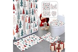 MEHOFOND 4pcs Christmas Shower Curtain Sets with Non-Slip Rugs, Toilet Lid Cover and Bath Mat - Christmas Tree, Snowflake Pattern Winter Xmas Tree Holiday Bathroom Decor