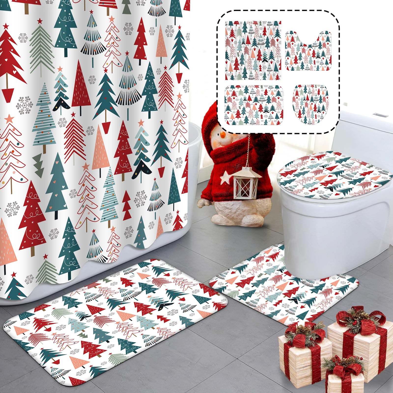 Photo 1 of MEHOFOND 4pcs Christmas Shower Curtain Sets with Non-Slip Rugs Toilet Lid Cover and Bath Mat Christmas Tree Shower Curtain Sets Winter Xmas Tree Snowflake Pattern Holiday Christmas Bathroom Decor