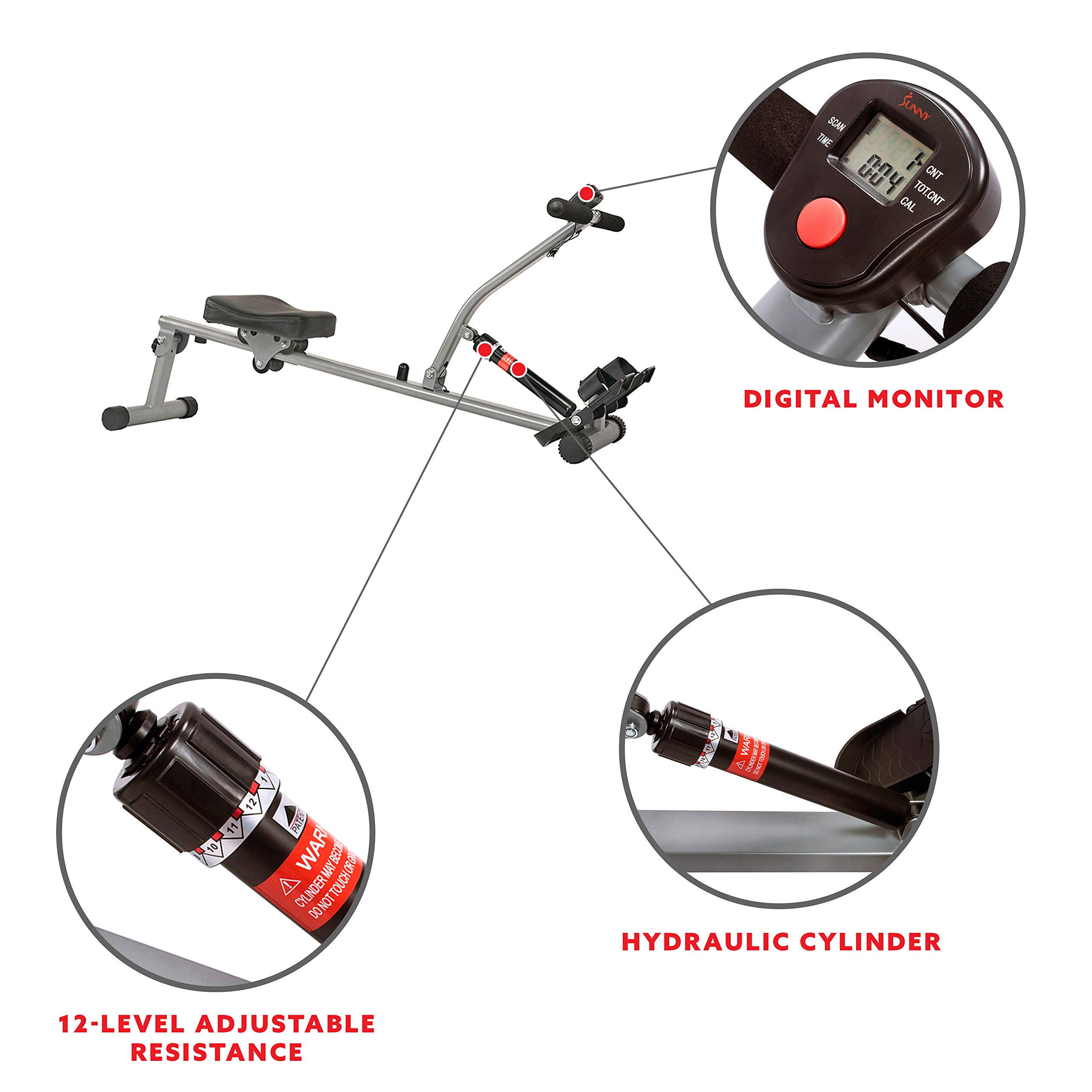 Sunny Health & Fitness SF-RW1205 Rowing Machine Rower with 12 Level Adjustable Resistance, Digital Monitor and 100 KG Max Weight