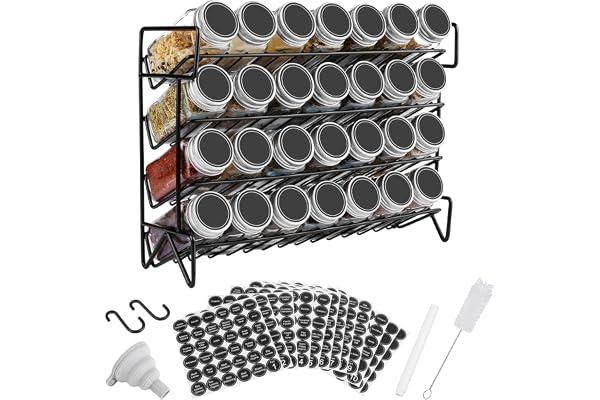 Vtopmart 4-Tier Spice Rack Organizer with 28 Pcs Spice Jars, Black | Includes 432 Blank Spice Labels, Ideal for Cabinet, Coun