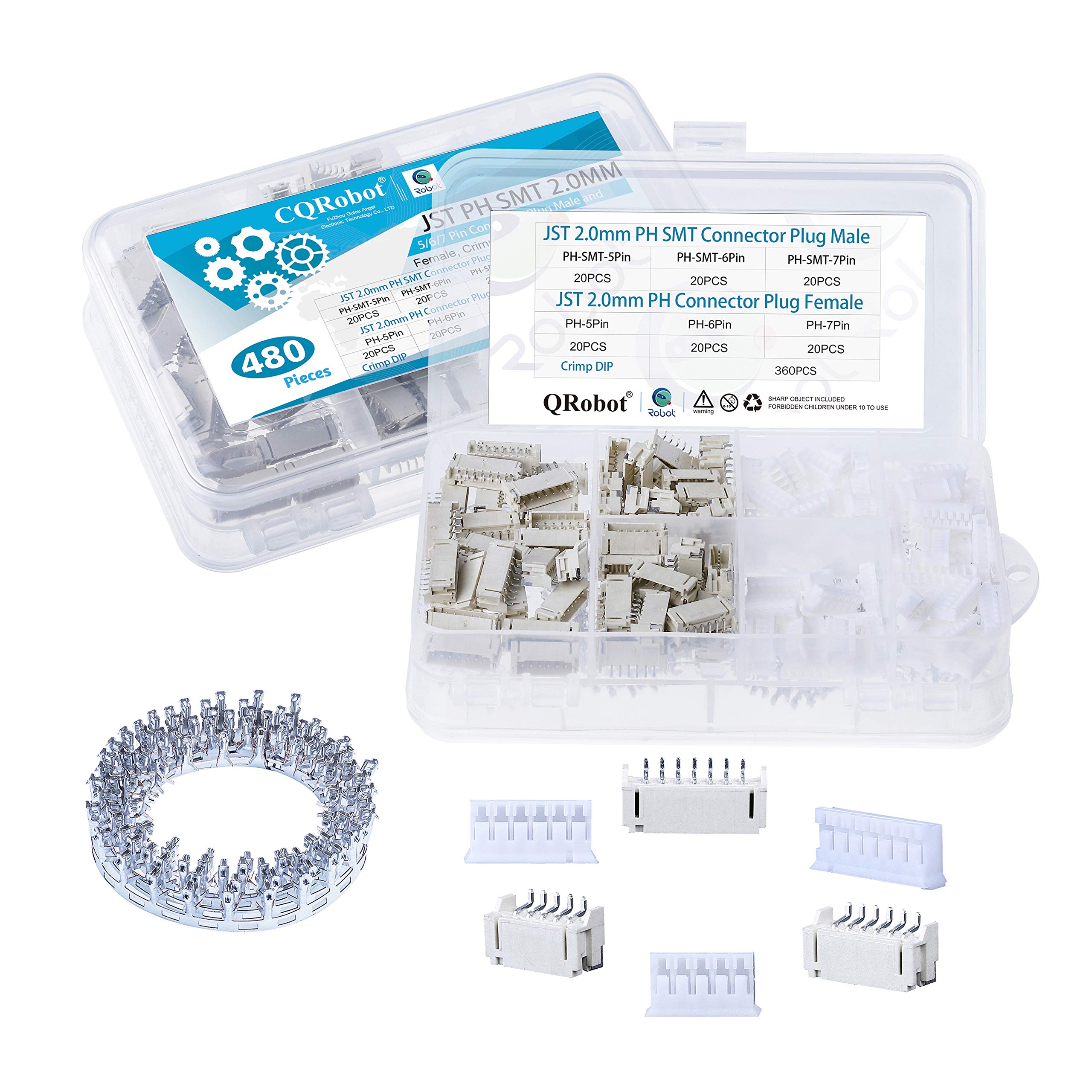 CQRobot JST PH SMT 2.0 mm Pitch 5-Pin/6-Pin/7-Pin Electronic Connector IC Male Plugs, Female Sockets Housing and T-Shaped Crimp Terminal. 60 Sets/480 Pieces Wire-to-Board Adapter Cable Assembly.