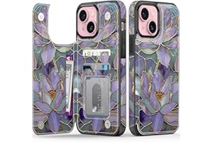 FUNMIKO for iPhone 15 Wallet Case with Card Holder, RFID-Blocking, Military-Grade Protection & UV-Printed Artwork, Magnetic Closure with Leather Kickstand - Dreamy Lotus
