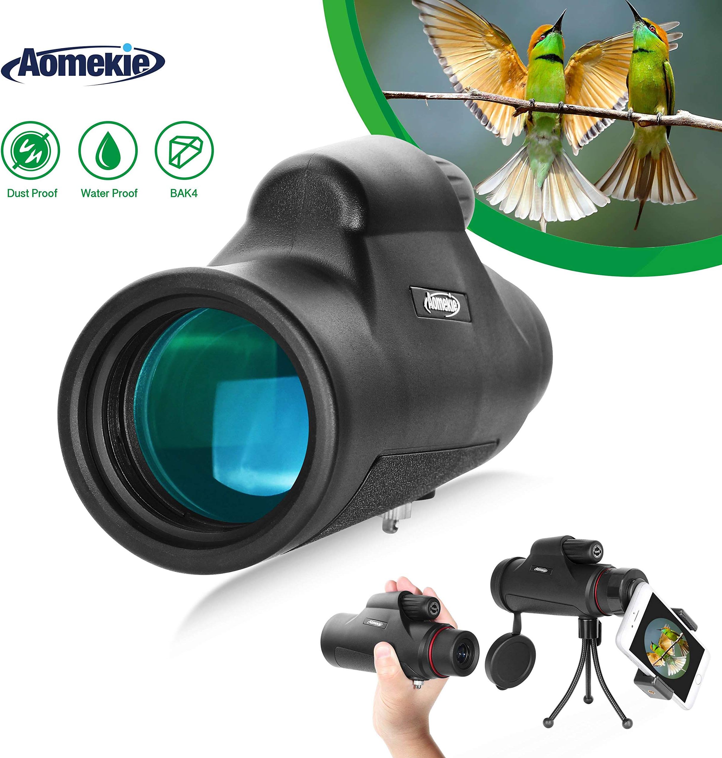 Aomekie 10x42 Monocular Telescope for Adults BAK4 Prism FMC Compact Handhled Waterproof with Phone Adapter and Tripod for Hunting Birdwatching Camping Sports and Concert (10x42)