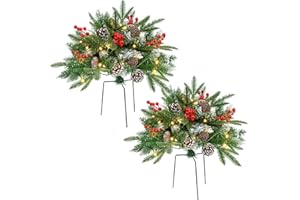 GUOOU Set of 2 Christmas Tree Urn Filler, Lighted Artificial Xmas Pine Trees with Tripod Stake, Battery Powered Outdoor Christmas Trees for Porch, Driveway, Yard (14 Pine Cones)