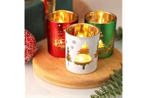 Joeyan Glass Candle Jar Set,Green Red White Cylinder Candle Holders,Christmas Tealight Votive Candlestick Holders with Gold Reindeer Snow Tree Pattern,Gift for Table Centerpiece Party,6.5 oz,Set of 3