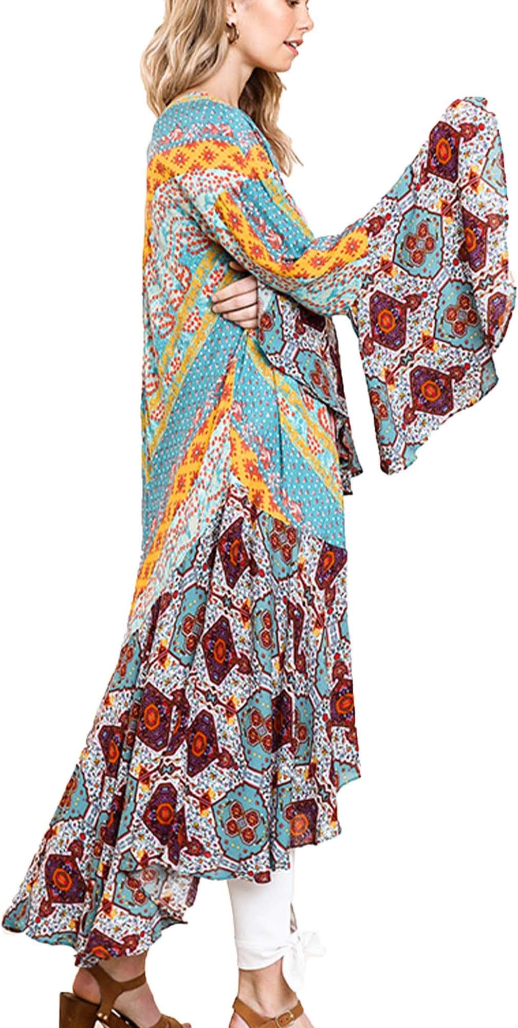 Umgee Womens Ruffled Long Body Kimono with a Multicolored Print