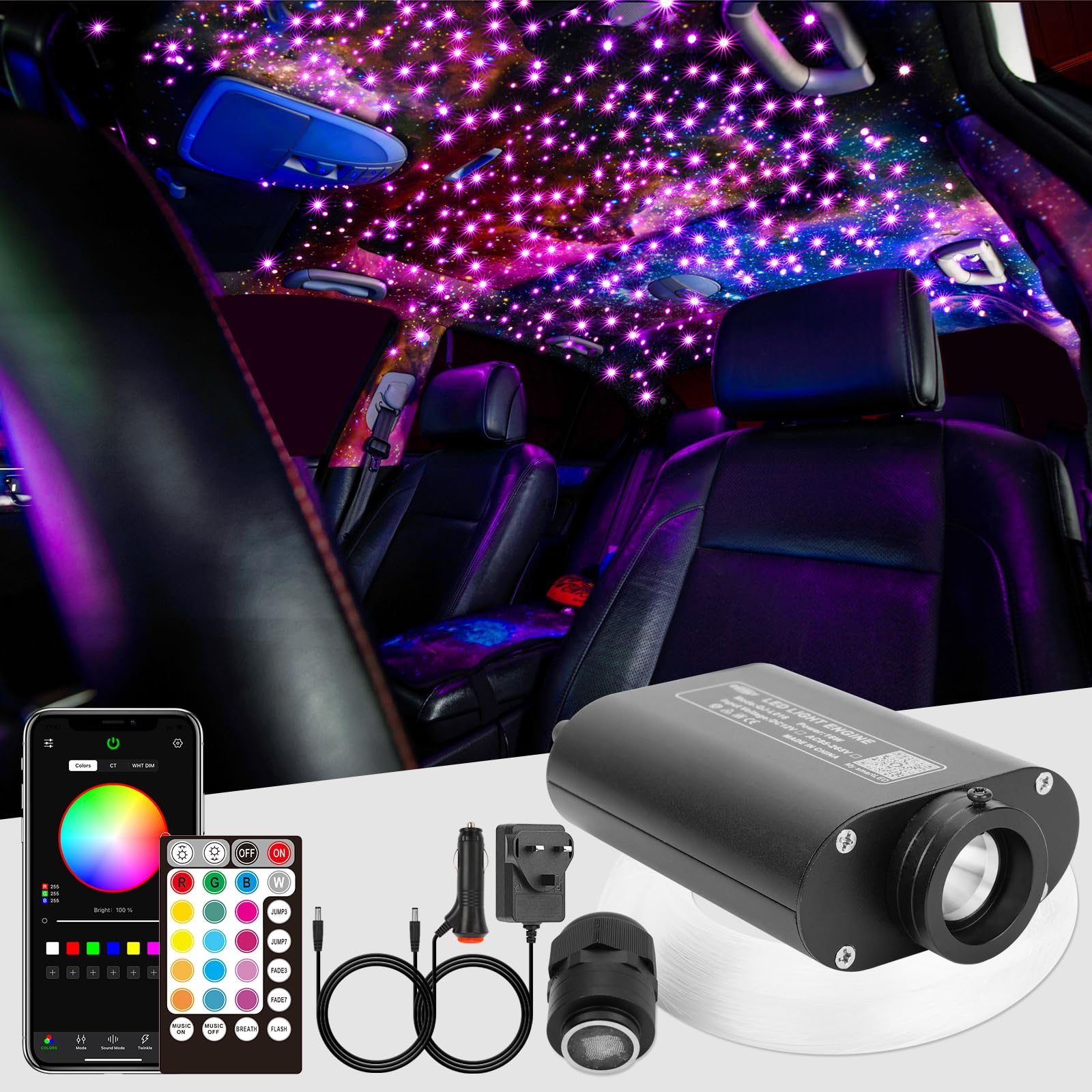 CHINLY Bluetooth Meteor 16W RGBW APP LED Fiber Optic Light Star Ceiling Lights Kit APP Mixed 450pcs*(0.03+0.04+0.06in)*13.1ft Optical Fiber + for Home/Car