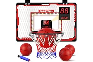 Taseyok Mini Basketball Hoop with Electronic Scoring, Timing Board, LED Lights - Over The Door Basketball Gift for 5-12 Year Old Boys and Girls (Red)