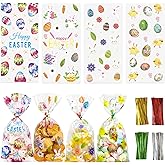 QOIUSO 100pcs Easter Treat Bags: Clear Easter Cellophane Bags for with Twist Ties for Candy Goodie Cookies Sweet and Gifts Packaging - 4 Style Platstic Party Favors Bags