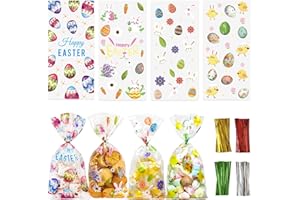 QOIUSO 100pcs Easter Treat Bags: Clear Easter Cellophane Bags for with Twist Ties for Candy Goodie Cookies Sweet and Gifts Packaging - 4 Style Platstic Party Favors Bags