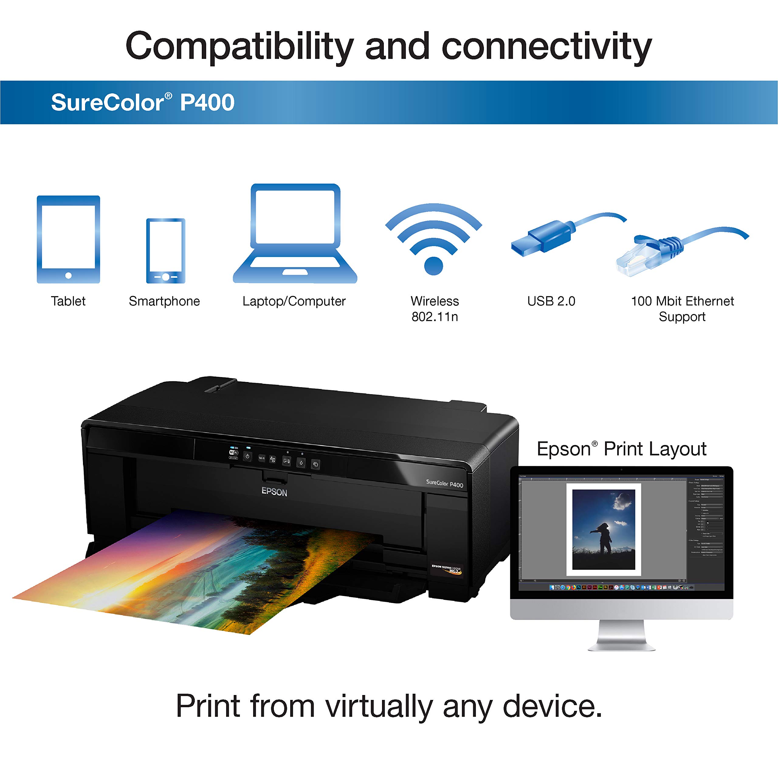 Epson SureColor P400 Wireless Color Photo Printer, 20.9 x 25.8 x 13.5 Inches, Black, Model 