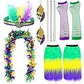 Honoson 8 Pcs Mardi Gras Costume Accessory Set Faux Feather Headband Mardi Gras Bead Necklaces Earrings Feather Boa Leg Warmers Boot Covers Fishnet Gloves Fingerless for Women Girls Carnival Party