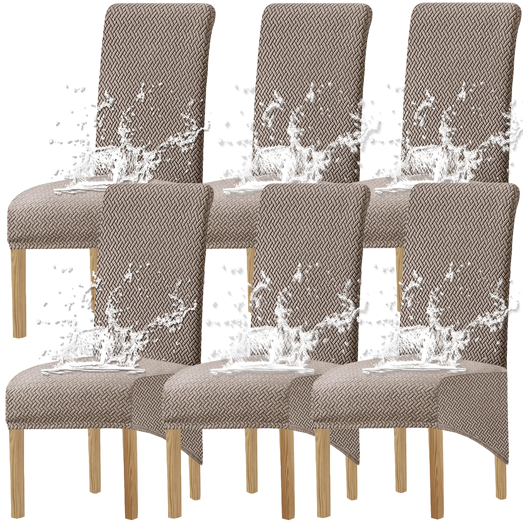 KELUINA Waterproof XL Chair Covers for Dining Chairs Set of 2/4/6, Removable Washable High Back Chair Slipcovers Large Jacquard Stretch Chair Protector Seat Cover(Taupe, Set of 6)