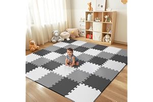 PIGLOG 36Pcs Baby Play Mat for Floor, Foam Floor Tiles for Kids with Interlocking, Squares Foam Puzzle Carpet for Playroom,Crawling Rug for Babies 6-12 Months,Toddlers,11.8*11.8*0.6In Each,Grey White Black