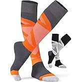 CS CELERSPORT 2 Pack Merino Wool Men's Ski Socks with Full Cushion, Winter Warm Thermal Socks for Skiing Snowboarding, Light Grey+Orange, Large