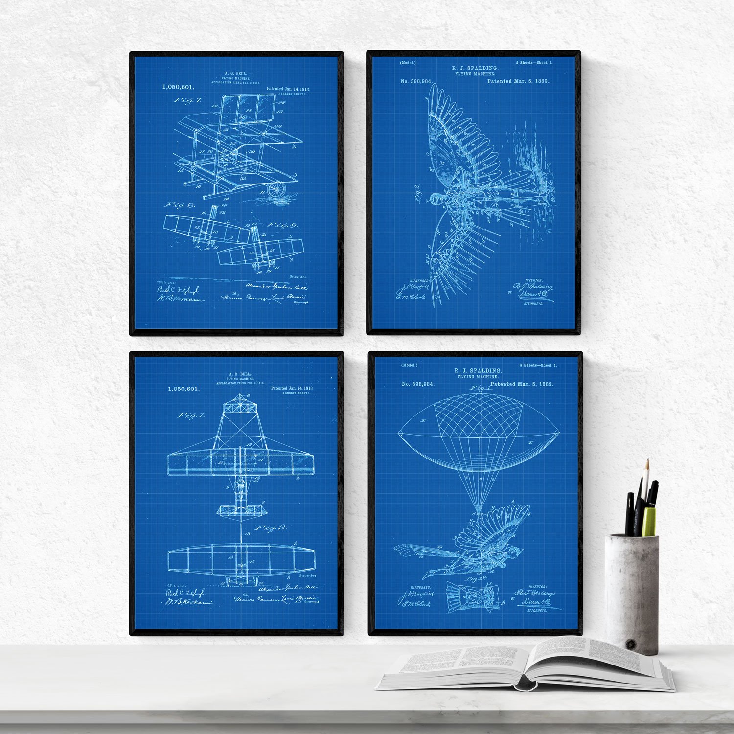 Nacnic Blue - Pack of 4 Sheets Airplanes Patent. Set Posters Inventions Old patents. Choose The Color You Like. Printed on 250 Grams — image 1