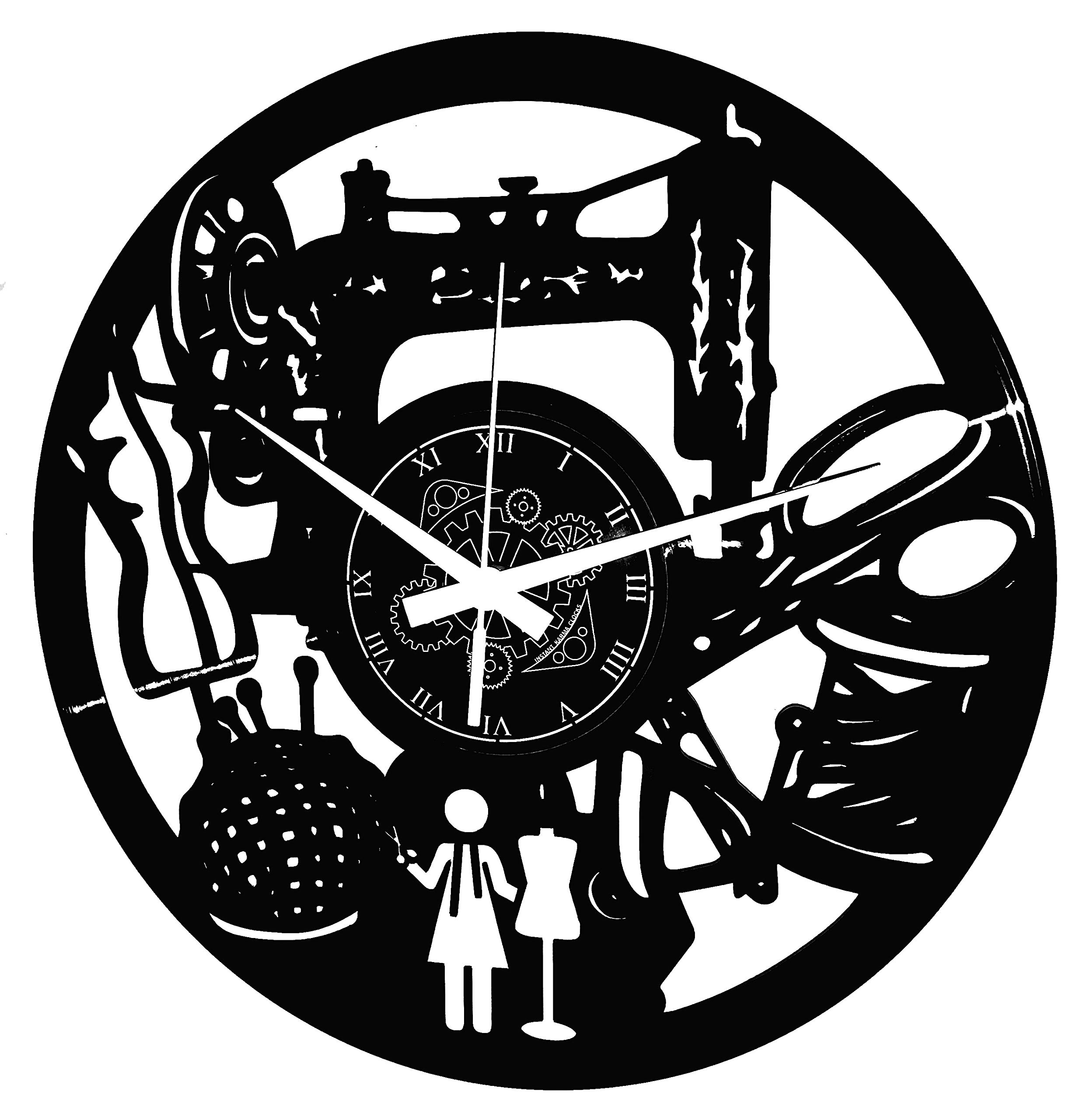 Instant Karma Clocks | Sewing and Tailoring Wall Clock with Dressmaker Silhouette and Tools | Silent No-Ticking | Perfect for Bedroom, Office, Studio, Cabin, Living Room | Unique Decoration