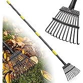 Garden Leaves Rake - 60 Inch Heavy Duty Small Shrub Rake - 11 Metal Tines - 8.5 inch Wide, Adjustable Handle,Garden Leaf Raki