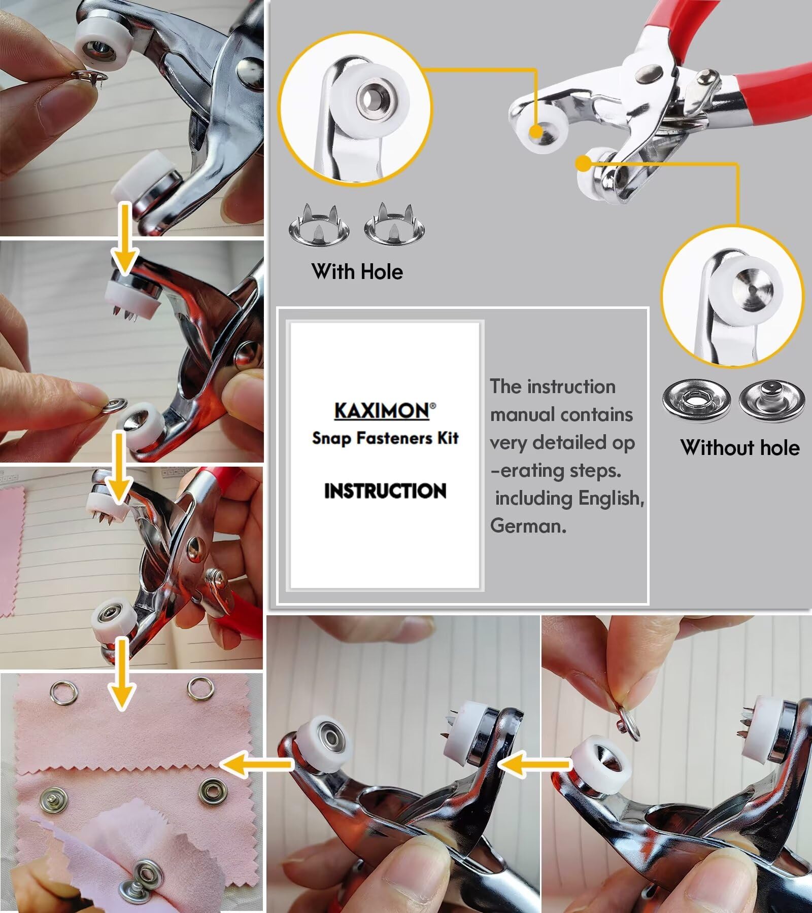 KAXIMON Snap Fasteners Kit 200 Sets, Metal Snap Button Kit with Fastener Pliers No Sewing, 9.5mm Snap on Button Kit Rust Proof DIY Press Studs Button Fix Tools for Fabric Clothing, chrome, SNAP-9.5MM