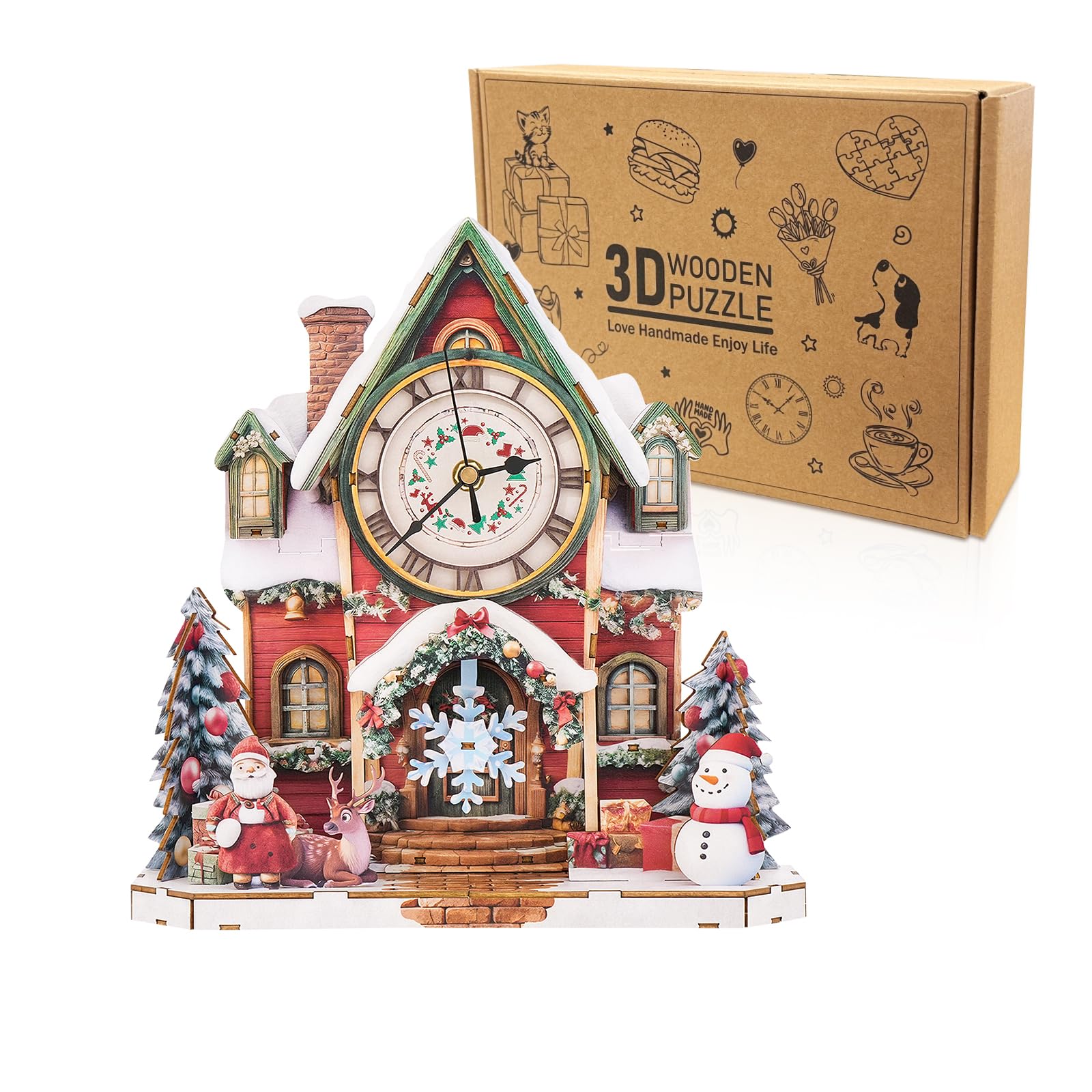 3D Wooden Puzzles for Adults, Christmas Cottage Clock with Functional Timepiece (289 * 83 * 297mm), DIY Hobbies 3D Jigsaw Puzzle Craft Kit, Wall Art Clock Model kits Home Decor Gifts for Friends
