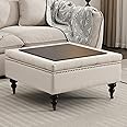 obmedin Large Square Storage Ottoman Uphlostered Tufted Button Coffee Table, Oversized Footrest Bench with Castered Rolling Wheels for Living Room, Beige Linen Waterproof