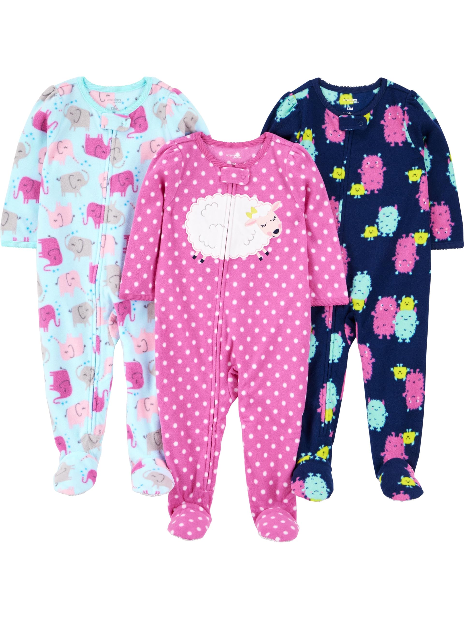 Photo 1 of Simple Joys by Carter's Baby Girls' 3-Pack Loose Fit Flame Resistant Fleece Footed Pajamas, Blue Elephant/Navy Monster/Pink Dots, 2T