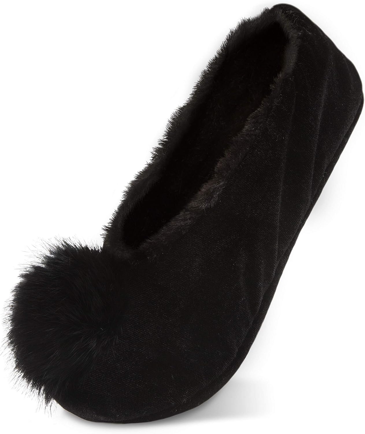 black slippers with pom pom