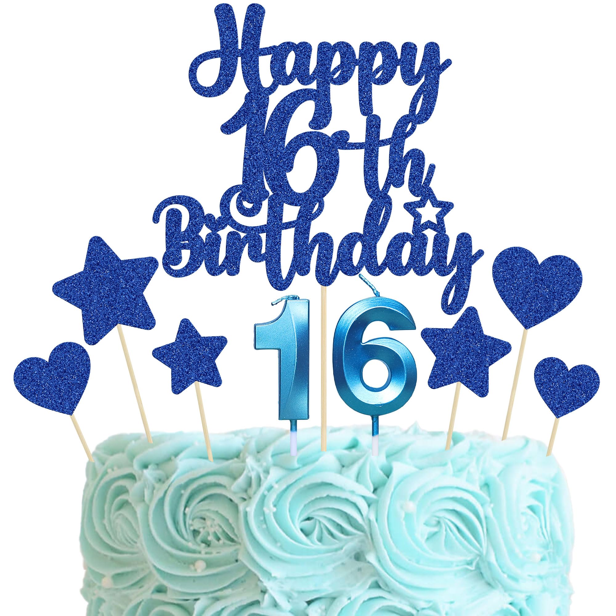 Gyufise 15Pcs Happy 16th Birthday Cake Topper Set with Heart Star Glitter Cheers to 16 Years Cake Picks Number 16 Candles Cake Decorations for Happy 16th Birthday Anniversary Party Supplies Blue — image 1