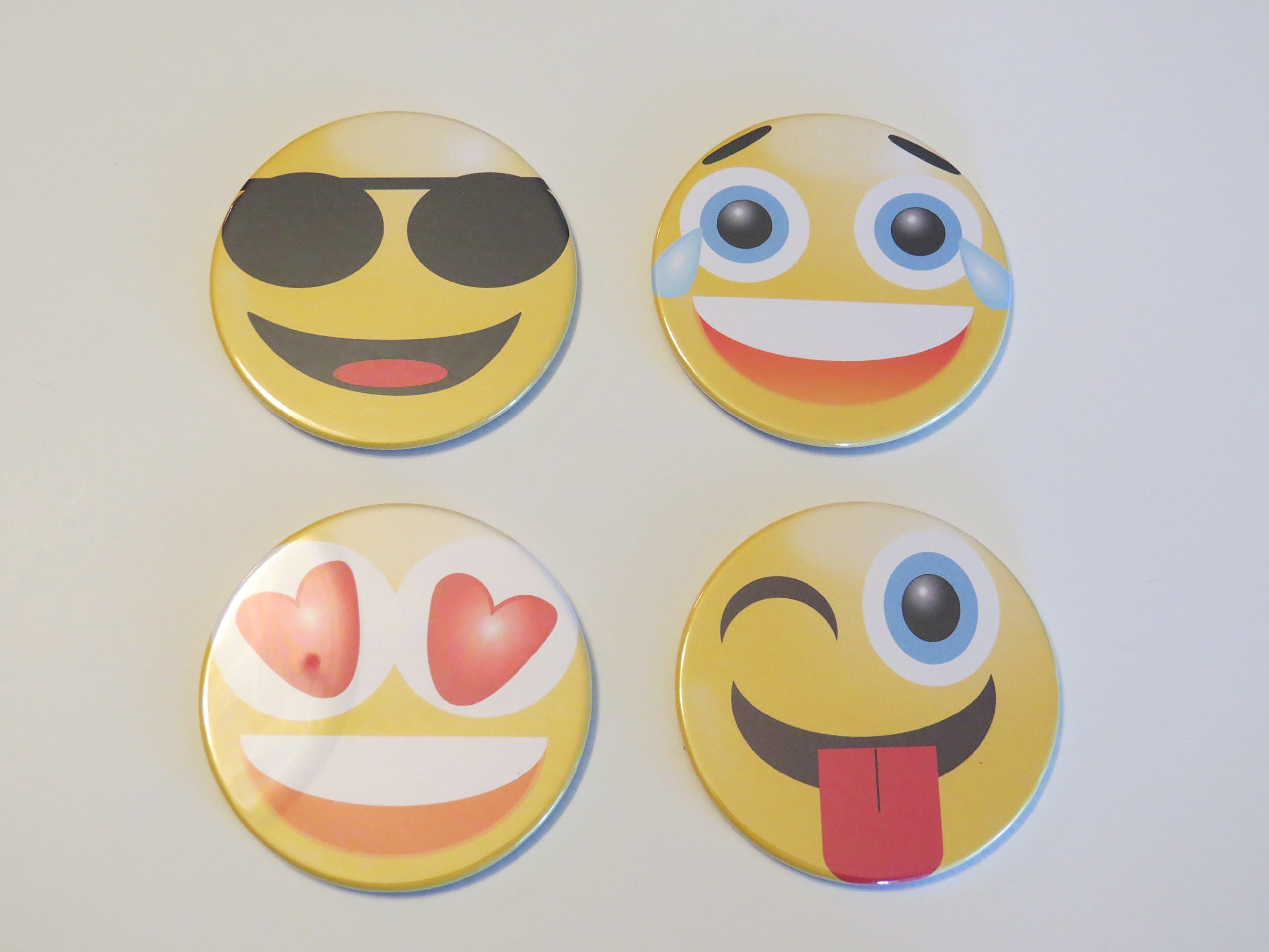 Funny Emoji Coasters, Glossy Finish, Sunglass, Tongue, Happy Cry, & Smirk Faces, 3 Inches with Natural Cork Back, Made in USA, Novelty Set of 4 by Bazaar Encounters