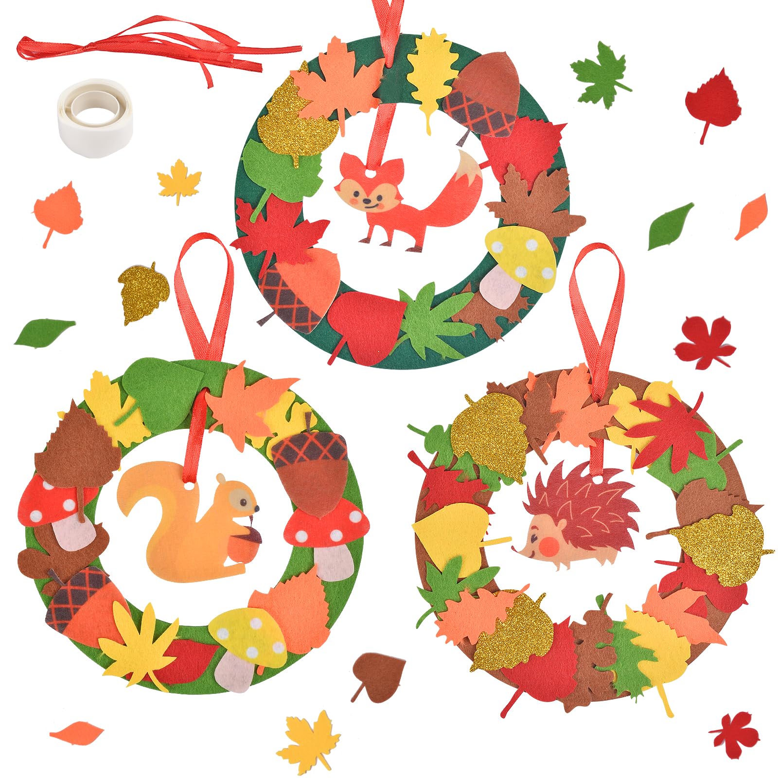 Ainiv 3PCS Fall Wreath Craft Set for Kids, DIY Making Kit with Maple Leaf Mushroom Animal Stickers, DIY Peel & Stick Felt Craft Set for Kids Craft Group Activities Fall Holiday Party Decorations