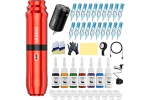MIHERT Tattoo Gun Kit with Wireless Rotary Tattoo Machine, 1500mAh Battery, 20 Tattoo Cartridge Needles, 7 Tattoo Inks, Tattoo pen for Beginners and Professionals (Red)