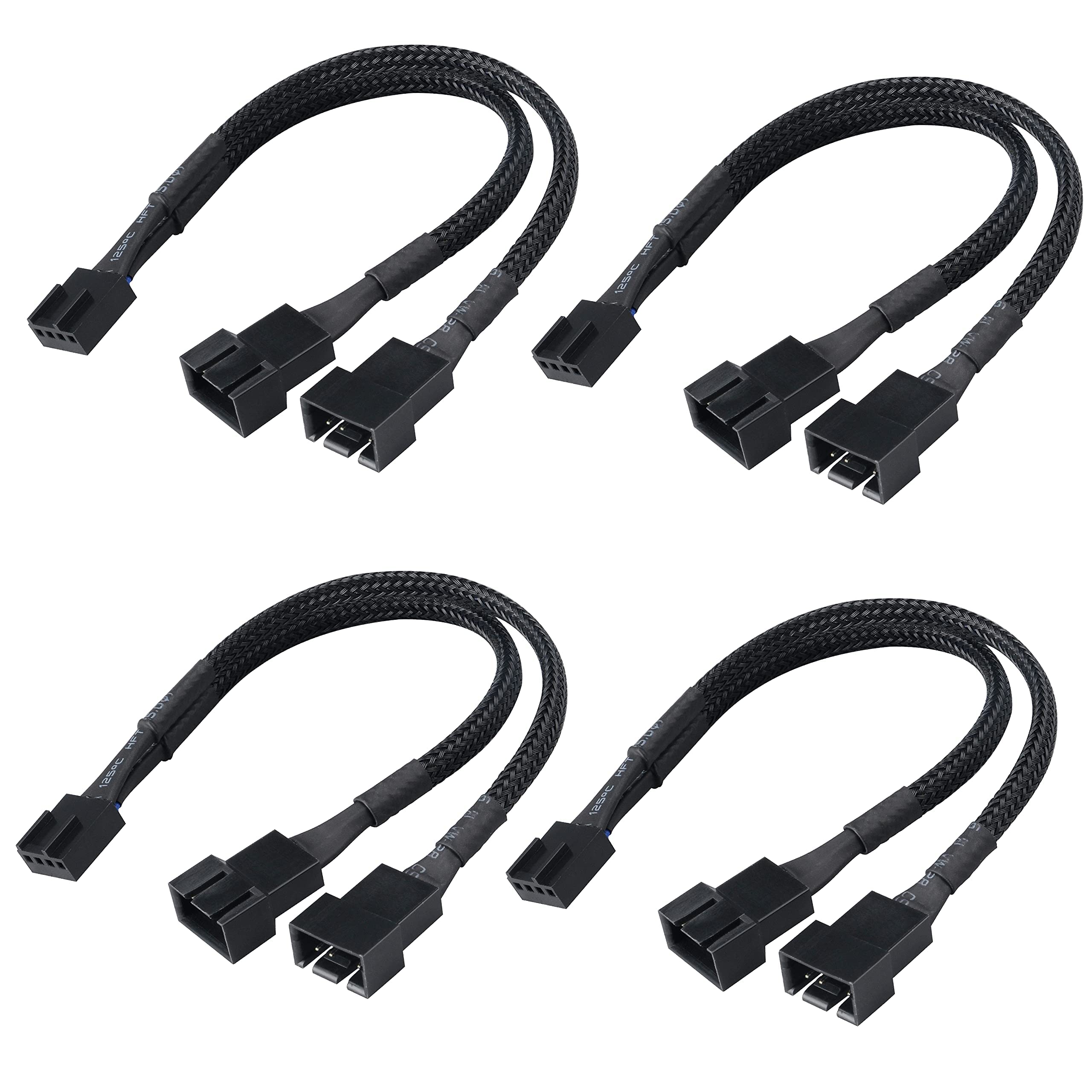 Akasa PWM Fan Splitter | 1 to 2 Ways 4-Pin PWM Fan | Speed Control PC Case Fan Splitter Extension Cable | Black Braided | 150mm 15cm | 4 Pack | AK-CBFA04-KT04